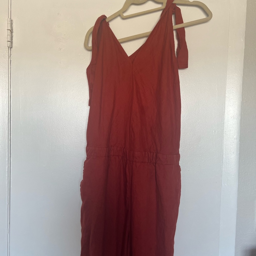 Linen  Womens L Tank Rust  Jumpsuit wide leg  w pockets tie top, elastic waist